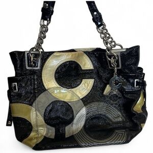 Coach Vintage “C” Signature Inlaid Black Gray Gold Patent Leather Peyton Tote
